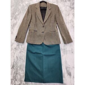 Vintage Park Square Wool‎ Blazer Belted Skirt Suit Set Size M Green Colorful 70s